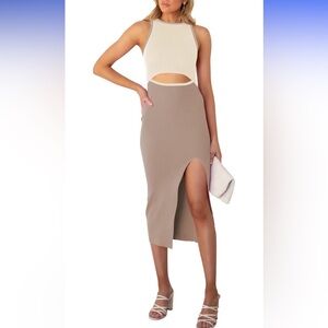 Beige and Cream Cutout Midi Dress